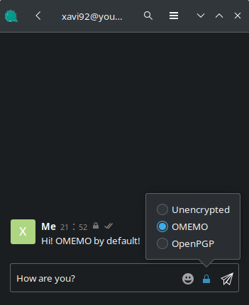 Screenshot showing mobile form factor and OMEMO-by-default support